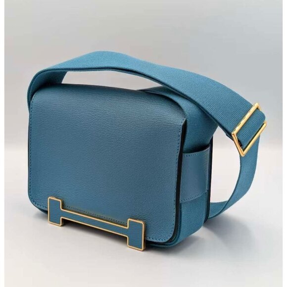 Hermès Geta Chevre Mysore Leather Gold Finish Hardware Bag Blue Jean - Picture 3 of 14